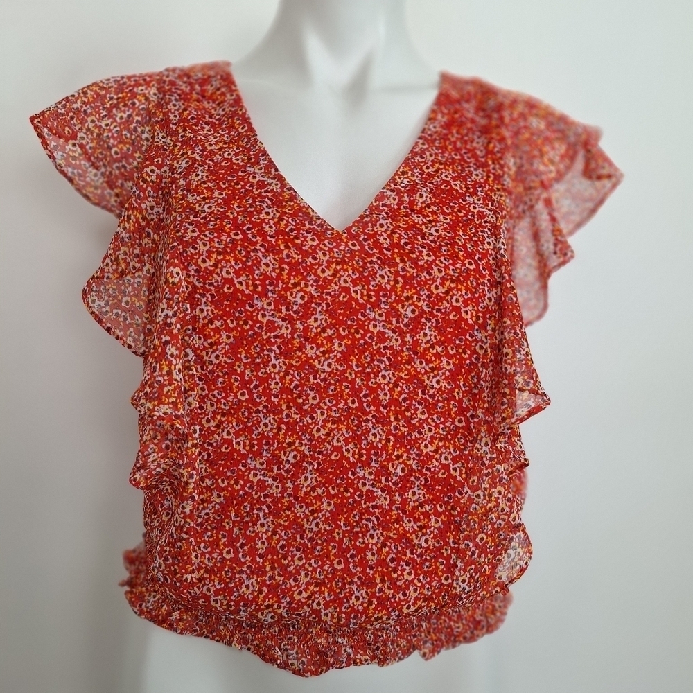 CeCe Red Ditsy Floral Ruffle Flutter Sleeve Blouse Size XS